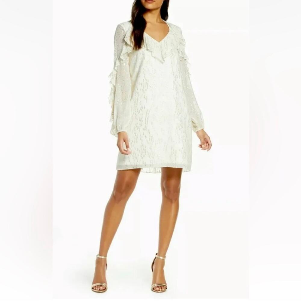 Lilly Pulitzer White Coconut Gold Belle Silk Long Sleeve Midi Dress Size 2